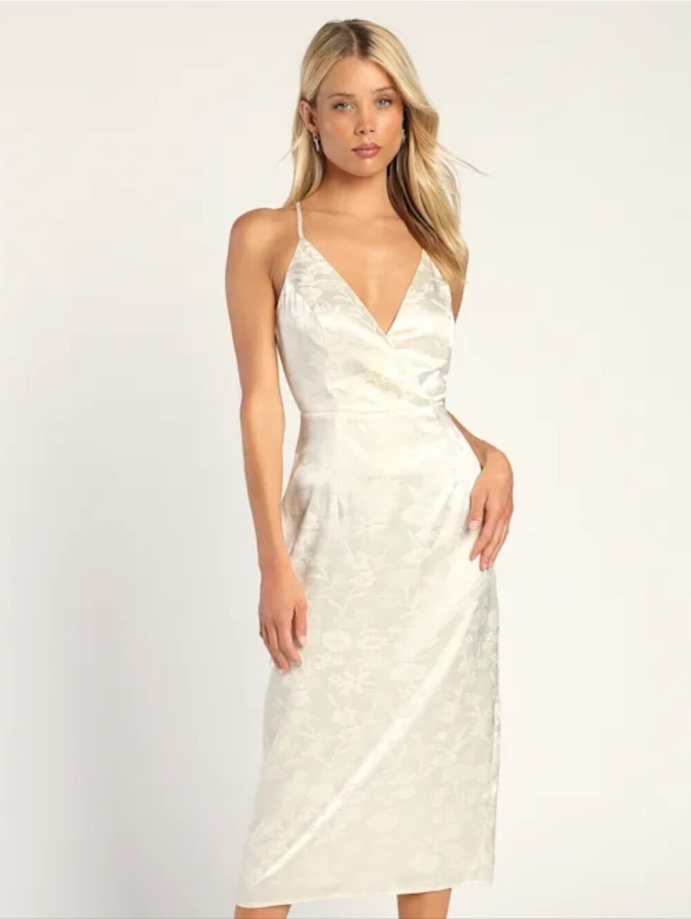 NWT! Lulus Elegant Essence Cream Floral Satin Midi Dress Romantic Coquette M